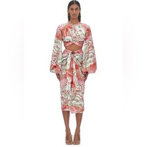 Tropical Coral & Green Two-Piece Cutout Satin Draped Set